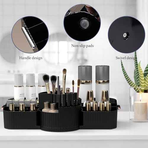 Rotating Makeup Organizer Cosmetic Display Case, Used for Vanity Makeup Brushes, Lipstick, Perfume and Various Skin Care Products - Spacious and Fashionable Storage Solution (Black)