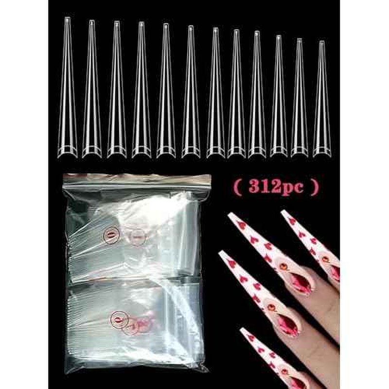 312PCS Extra Long Stiletto Nail Tips for Acrylic Nails Professional, 4XL Half Cover Stiletto Nails Tips, Clear French False Nail Extension, Super Long French Tapered Nails Tip 12 Sizes