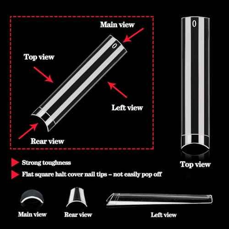 504 Pcs No C Curve Square Nail Tips, XXXL Half Cover Clear Nails Tips for Acrylic Nails, 3XL Straight Tapered Square Flattened Fake Nail Tips for Nail Salons and DIY 12 Sizes