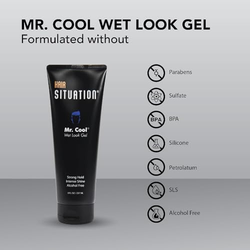 Hair Situation Mr. Cool Wet Look Hair Gel - Strong Hold, High Shine, Alcohol-Free, Anti-Humidity, Non-Flaking, Non-Greasy, Long-Lasting - For All Hair Types - 8 Fl Oz