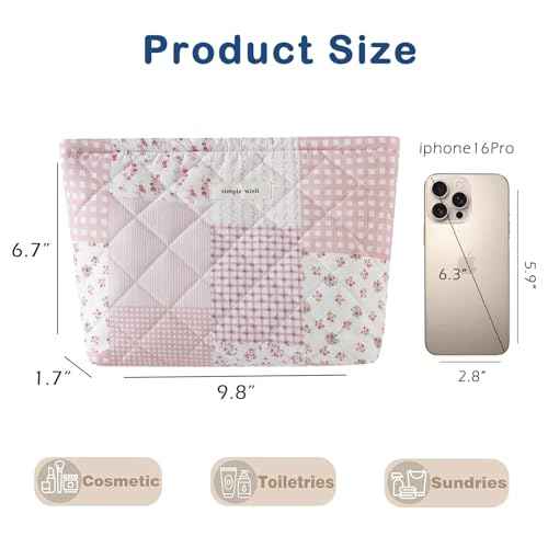 Quilted Cotton Makeup Bag,Coquette Floral Quilted Cosmetic Bag, Travel Toiletry Makeup Bag for Women and Girls, Aesthetic Travel Organized Cosmetic Pouch(09 Patchwork Pink)