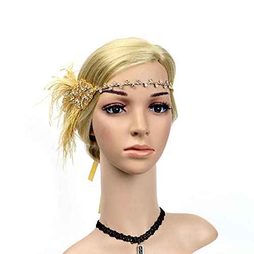 STIOEDYUAN 1920s Flapper Headbands Accessory for Women Roaring 20s Gatsby Vintage Rhinestone Beaded Leaf Feather Headpiece