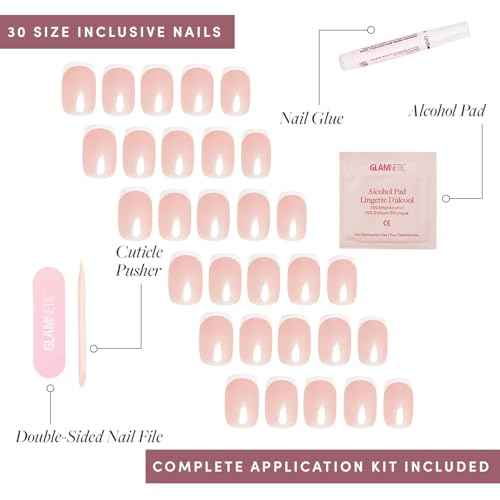 Glamnetic Press On Nails - La Perle | Semi-Transparent Squoval French Tip Nails, Salon Quality | 15 Sizes - 30 Nail Kit with Glue