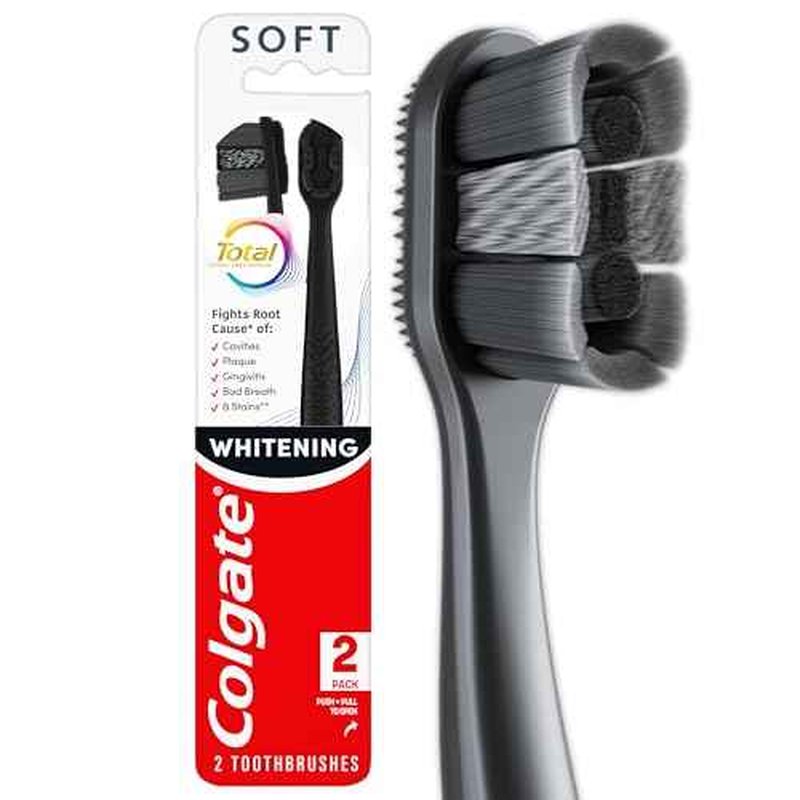 Colgate Total Active Prevention Soft Bristle Whitening Toothbrushes, Soft Toothbrush with Charcoal Infused Bristles, Helps Whiten and Reaches Deeper Along The Gumline and Between Teeth, Black, 2 Pack