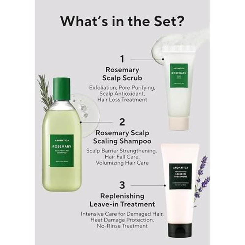 AROMATICA Rosemary Hair Care Gift Set - Shampoo for Hair Growth & Heat Protection, Leave-in Treatment & Scalp Treatment - Hair Care Kit for Women, Sulfate/Paraben Free For Men And Women