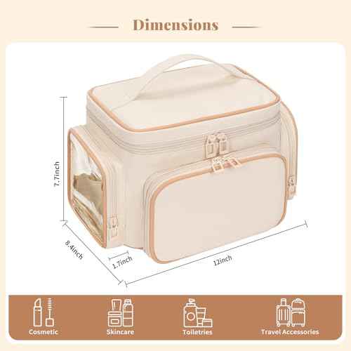 Large Makeup Bag, Portable Travel Makeup Bag Organizer for Women Girls with Makeup Brush Compartment & Two Side Pockets, Cosmetic Travel Bag Vertical Storage Toiletry - White