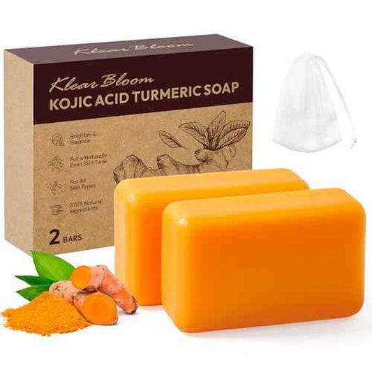Kojic Acid Soap, Turmeric Soap Bar for Dark Spots Brightening & Moisturizing with Collagen, Vitamin E, Retinol, Hyaluronic Acid, Shea Butter, Paraben & Sulfate-Free 105g x 2 Bars