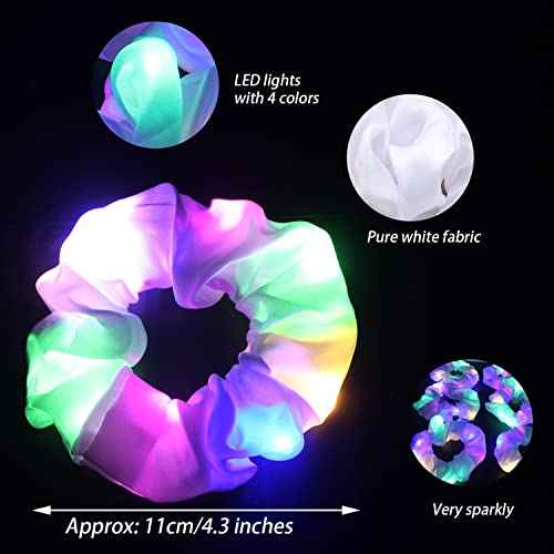 12PCS LED Hair Scrunchies Light Up White Scrunchies,Satin Ponytail Holder Glow in the Dark Hair Accessories Neon Rave Party Supplies