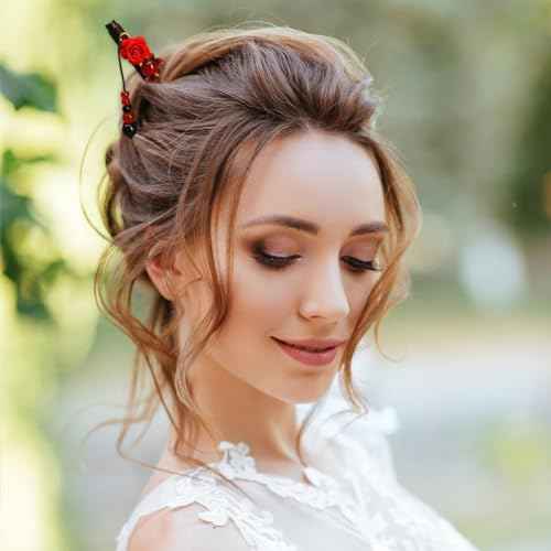 6 Pcs Chinese Hair Sticks for Women Wooden Japanese Hair Chopsticks Accessories Retro Red Cherry Clips Handmade Flower Tassel Geisha Costume for Girls Long Hair (Set A)