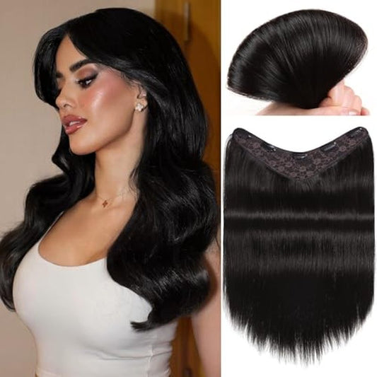 FAVE 110g Human Hair Extensions 16 Inch Seamless Clip in Hair Extensions Human Hair Upgraded V-Shape 100% Remy Human Hair Hairpieces for Volume & Length (Natural Black)