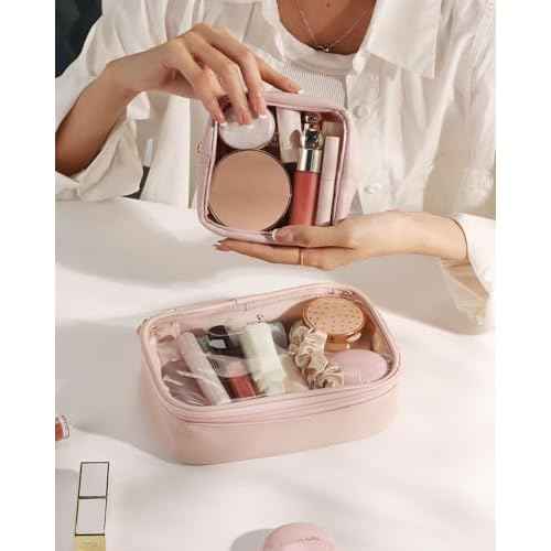 Pocmimut Mini Makeup Bag with Small Cosmetic Bag Travel Essentials Organizers,TSA Approved Toiletry Bag Makeup Pouch Clear Cosmetic Bags for Women,Pink