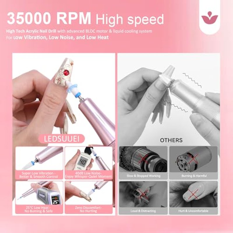 Professional Electric Nail Drill LEDSUUEI: 35000RPM Powerful Electric Nail File Portable Nail Drill with 13 Drill Bits Rechargeable Efile for Acrylic Gel Nails Removing Manicure Pedicure Salon