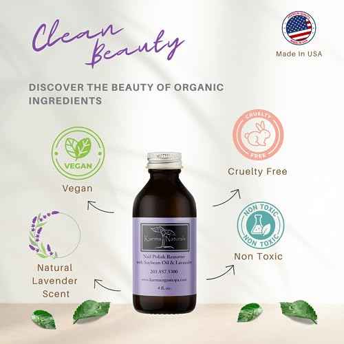 Karma Organic Nail Polish Remover with Soybean Oil and Lavender Oil- Non Toxic, Vegan, Cruelty Free, Acetone Free ? Nails Strengthener for Fingernails ? 4 fl. Oz
