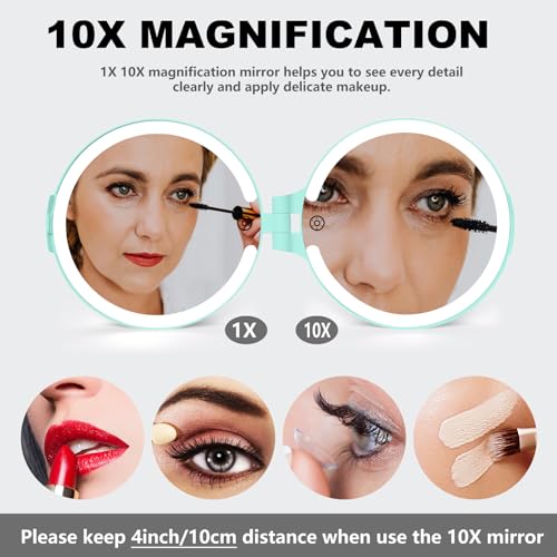 6.3 Inch Rechargeable Folding 10x Magnification Double Sided Makeup Mirror with Lights, Portable Travel Mirror for Women with Nearsightedness | Travel Essentials for Women
