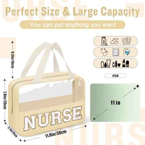 Nurses Week Gifts Chenille Letter Clear NURSE Makeup Bag for Women,Preppy Nurse Cosmetic Pouch Zipper with Handle Nurse Essentials Bag for Work Supplies,Labor and Delivery Nurse Gifts(NURSE-Beige)