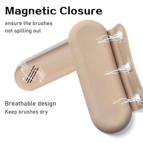 Makeup Brush Holder Magnetic Closure Make Up Brushes Organizer Silicone Makeup Bag Travel Essentials (Khaki)
