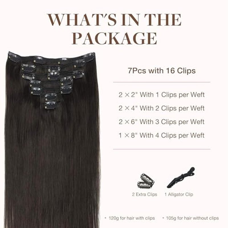 GOO GOO Clip in Hair Extensions Real Human Hair, Remy Human Hair Extensions Clip ins for Women, Natural Human Hair, 18inch 120g 7Pcs, 2 Dark Brown