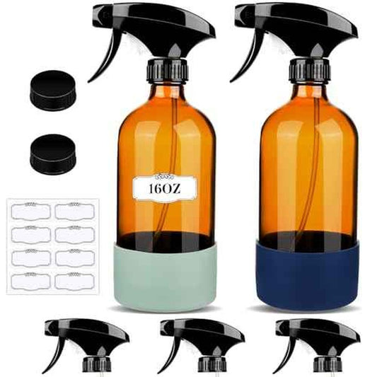 2 Pack/16 Oz Glass Spray Bottles, Refillable Empty Containers with Silicone Sleeve, Upgraded Adjustable Nozzle Spray Bottle Sets for Cleaning, Essential Oils, Hair (Amber)