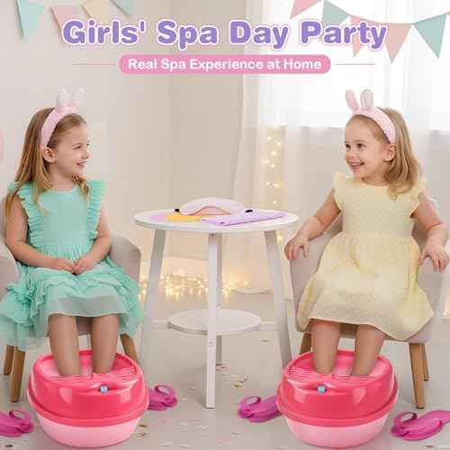 Dreamon Kids Foot Spa & Nail Kit Set - 25 Pcs Kids Spa Day Kit with Middle Size Rainbow Light Massage Foot Soak Tub - Manicure Pedicure Art Salon Girl Stuff - Christmas Birthday Gift for 3-12 Year Old