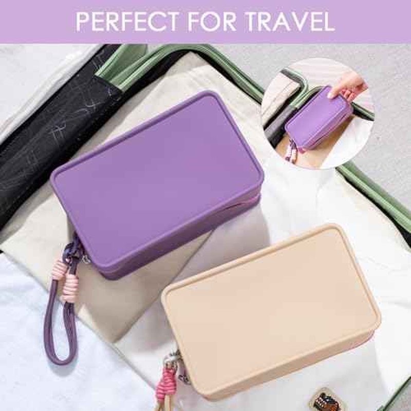 Travistar Silicone Travel Makeup Bag - Large Capacity Make Up Pouch Travel Makeup Organizer Bag Waterproof Toiletry Bag Portable Cosmetic Bag Cute Womens Brush Holder Bag with Zipper Closure Blue
