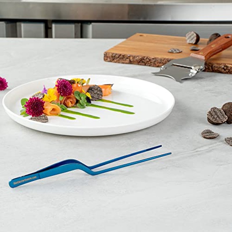 Restaurantware Perfect Point 7.9 Inch Food Tweezers 1 Offset Kitchen Tweezers - Serrated Tips For Precision For Garnishing Plating Or Decorating Blue Stainless Steel Offset Tweezers Durable