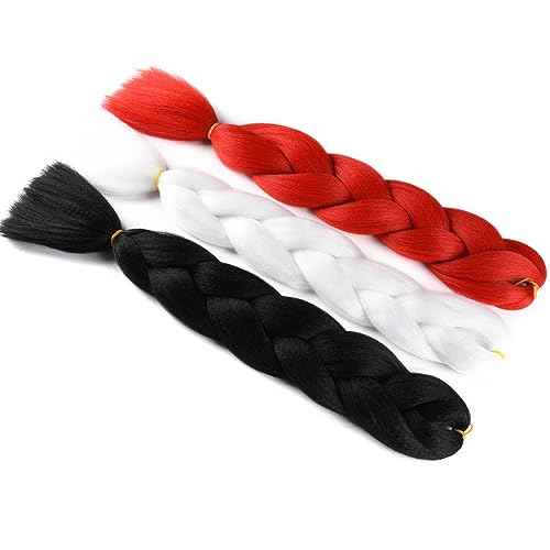 Alileona Jumbo Braiding Hair Extension 24inch Jumbo Box Braiding Hair Synthetic Fiber for Twist Braiding Hair, Bubble Braids Hair Extensions 3 Bundles/Lot (Red-White-Black)