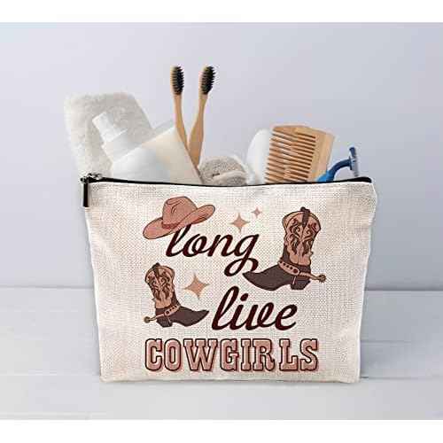 Sufamb Long Live Cowgirls Retro Western Boots Hat Makeup Bag,Beige Preppy Cosmetic Pouch,Christmas Birthday Gifts for Teen Girls Best Friends,Cowgirl Gifts for Girls