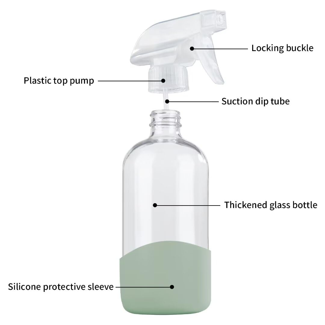 HOMBYS 8 Oz Empty Clear Glass Spray Bottles with Silicone Sleeve Protection Refillable Containers for Cleaning Solutions, Essential Oils, Misting Plants - Quality Sprayer - 1 Pack Boston Bottles