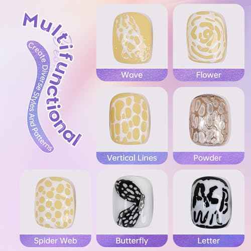Poke Gel Nail Polish Set with Professional Base Coat- Nail Art Painting Gel for Flowers, Letters & Wave Designs-Lace Drawing Gel with Wooden Nail Stick and Buffer
