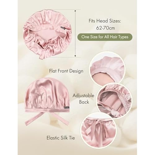 LilySilk 100% Mulberry Silk Bonnet, Silk Night Sleep Cap Adjustable Hair Wrap for Sleeping, Rosy Pink