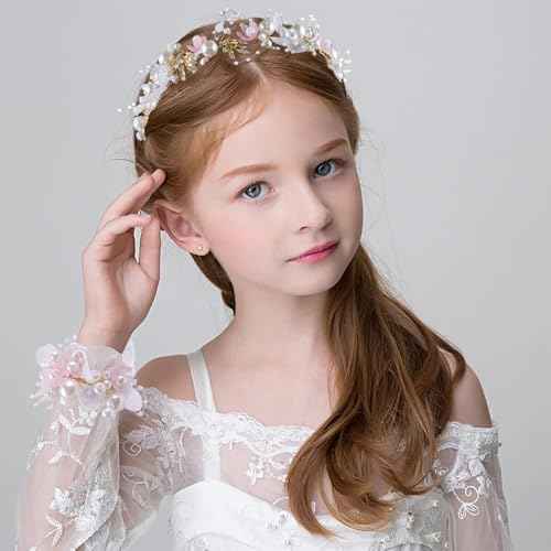 LAPOHI 2 Pieces Wedding Flower Headpieces for Girls, Flower Girl Hair Accessories for Wedding Rhinestones Flower Headband Fairy Pearl Flower Crown for Girls Bridal Crystal Flower Tiara for Women