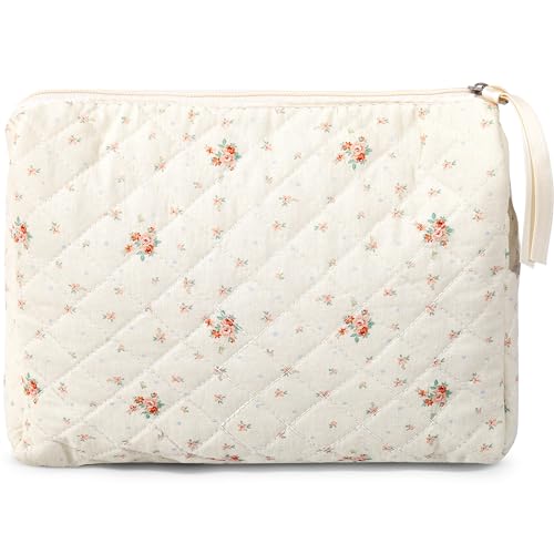 Makeup Bag Large Travel Quilted Cosmetic Makeup Bag Organizer, Floral Cotton Coquette Aesthetic Toiletry Bag for Women Girls (Garden Floral)
