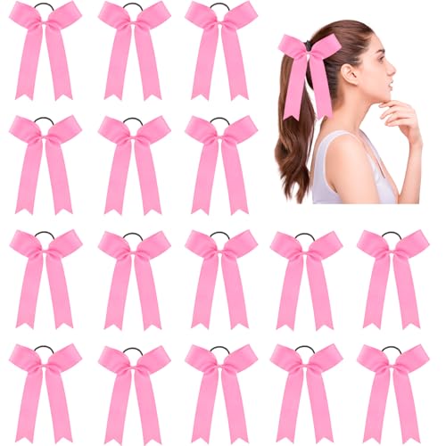 20 Pieces 9.06 inches Collegiate Cheerleader Hair Bows for Women, College Style Long Tail Skinny Cheer Bow Elastic Band Hair Bow Ties for Teen College Sports Cheeleader Sports(Pink)