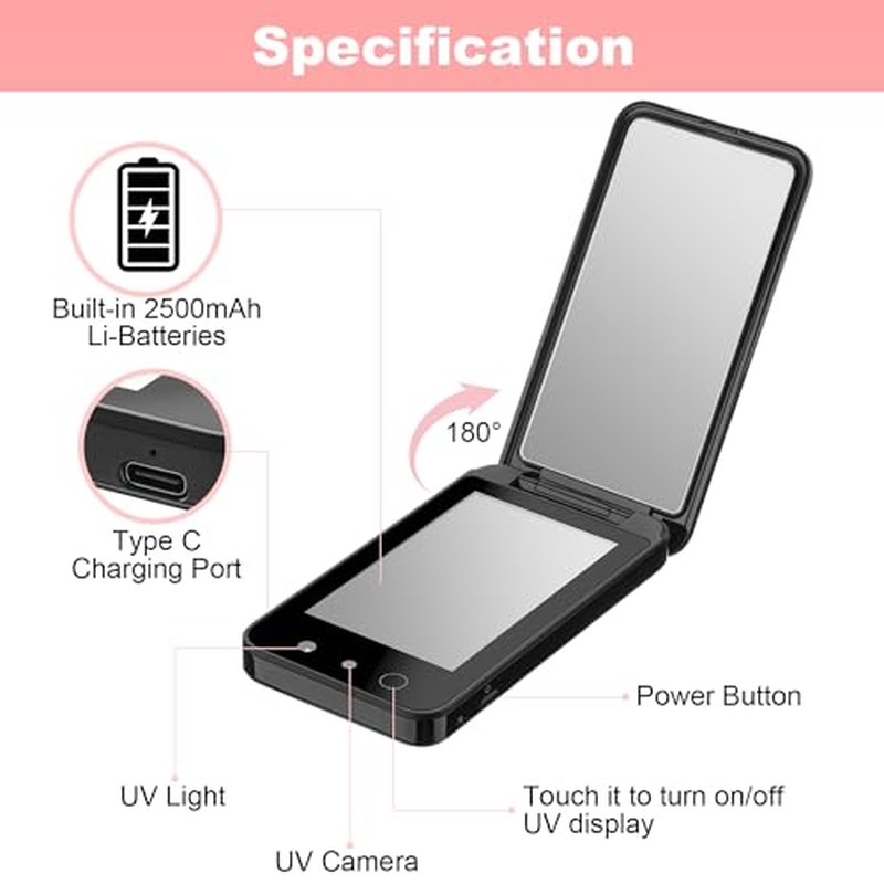 Compact UV Mirror with UV Camera for Sunscreen Test, 4 Inch Rechargable Travel Mirror Handheld Double-Sided Pocket Mirror for Skin Protection