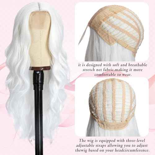 MYQUEEN White Wig for Women Long Wavy Wig 26 Inch Glueless Curly Synthetic Lace Front Wig Middle Part Natural Looking Heat Resistant Fiber Wig for Party Holloween Cosplay