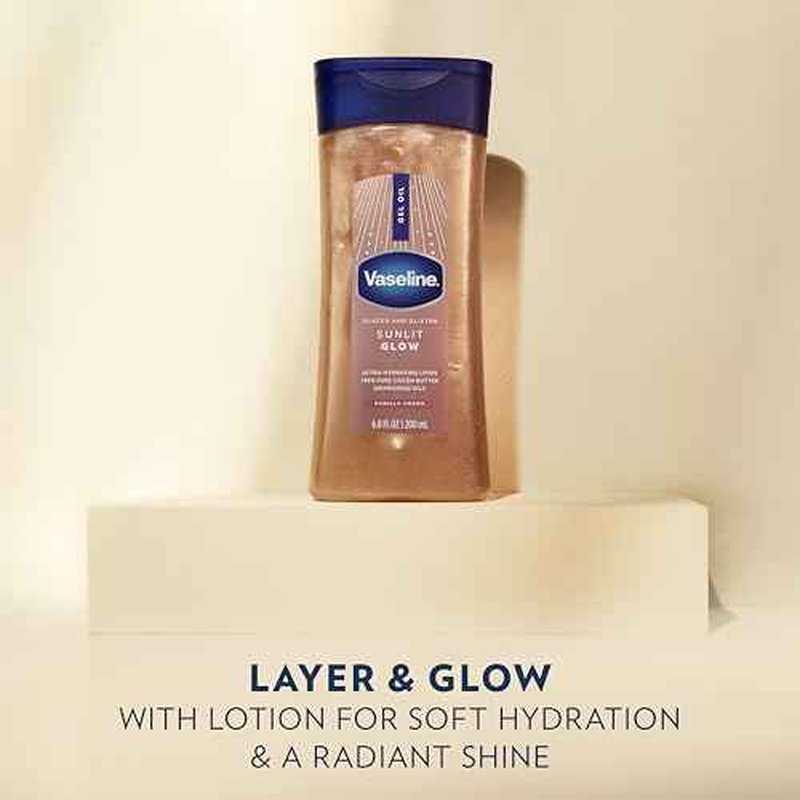 Vaseline Glazed and Glisten Sunlit Glow Body Gel Oil Vanilla Cocoa Shimmering with Ultra-Hydrating Lipids and 100% Pure Cocoa Butter, 6.8 Oz