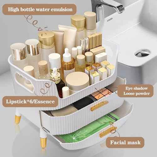 Makeup Organizer with Drawers,Skincare Plastic Storage for Vanity,Large Cosmetic Display case for Dresser with Handle,Large Capacity Bathroom Countertop