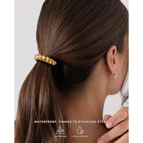 PAVOI 14K Yellow Gold Plated Waterproof Chunky Croissant Metal Hair Cuff for Women - Stainless Steel Statement Ponytail Cuff Fashion Accessories - Twisted Stretchy Gold Hair Ties for Ponytails