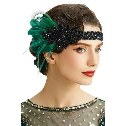 BABEYOND Vintage 1920s Flapper Headband Roaring 20s Great Gatsby Headpiece with Feather 1920s Flapper Gatsby Hair Accessories (Darkgreen)