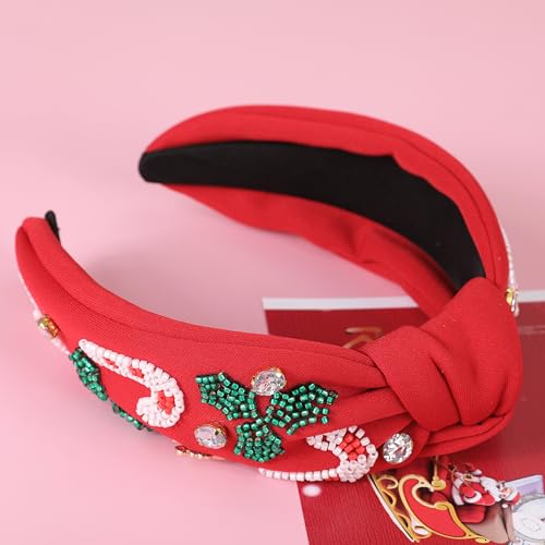 Christmas Jeweled Headbands for Women Girls Festive Christmas Hair Accessories Beaded Candy Cane Xmas Knotted Headband Embellished Wide Top Knot Hairband Holiday Gifts