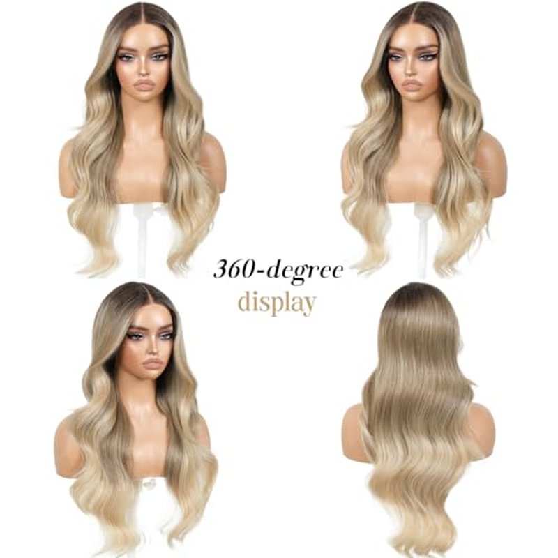 Ombre Blonde Wear and Go Glueless Wig with Bangs Pre Plucked Body Wave Synthetic Lace Front Wigs for Women 13x5x1 Pre Cut Lace Dirty Blonde Wig Middle Part 26 Inch