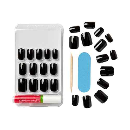KISS Gel Fantasy Press On Nails, Nail glue included, 'Aim High', Black, Short Size, Squoval Shape, Includes 28 Nails, 2g Glue, 1 Manicure Stick, 1 Mini File, 1 Adhesive Tab