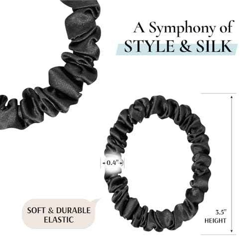 Zenssia Silk Scrunchies for Hair, 4PC Pure Mulberry Silk Hair Ties No Damage, Skinny Elastic Scrunchies for Fine & Thin Hair, Black