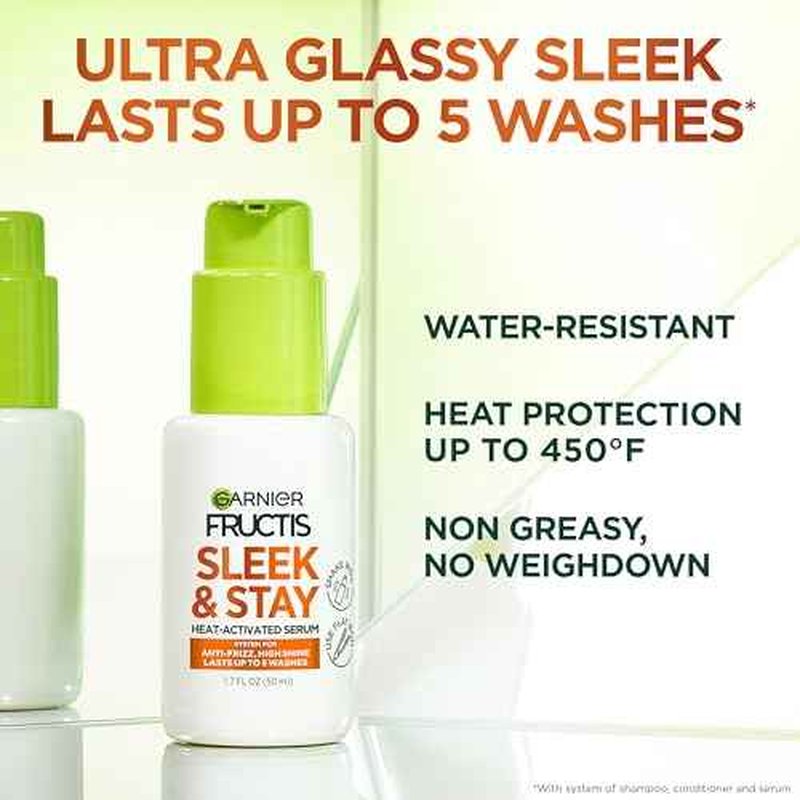 Garnier Fructis Sleek and Shine Sleek and Stay Hair Serum for Frizzy, Dry Hair, Heat Protectant Formulated with Alpha Silane, 1.7 Fl Oz(Packaging May Vary)