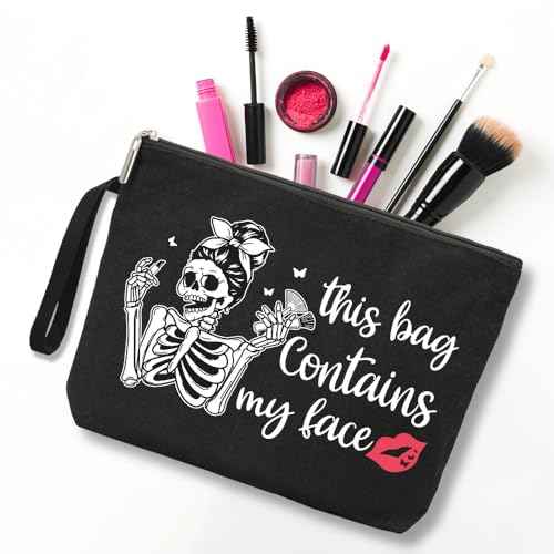 This Bag Contains My Face Makeup Bag, Funny Skeleton Travel Cosmetic Bag Gifts for Girls Women Friends Sister Female Coworker, Gothic Makeup Bag, Friendship Gift for Bestie Friends