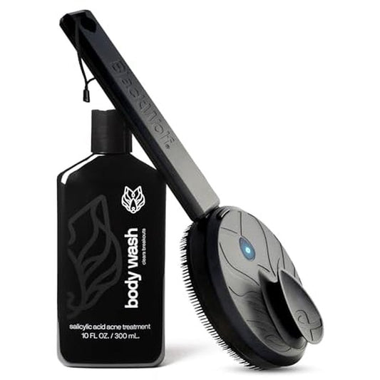 Black Wolf Body Wash & Sonic Scrubber Pro Kit for Men - Vibrating Face & Body Brush with Charcoal Powder Shower Gel, Water Resistant Massage Brush & Salicylic Acid Body Wash, Rich Lather & Deep Clean