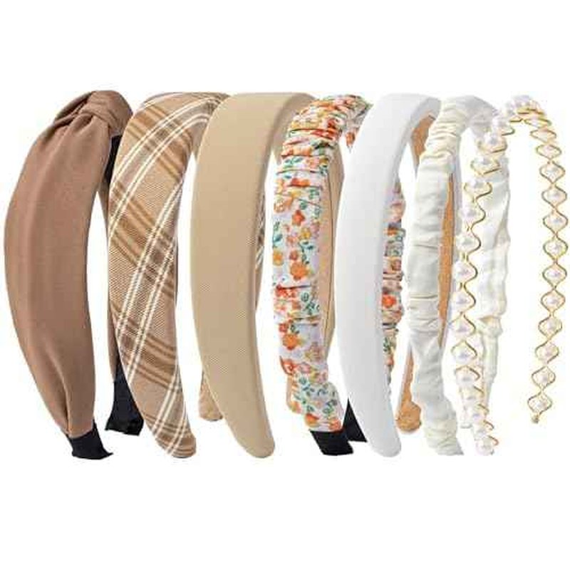 Sunolga 7 Pack Brown Headbands for Women Girls Non Slip Floral Padded Hairbands Cute Pearl Head bands Wide Headbands Trendy Hair Accessories