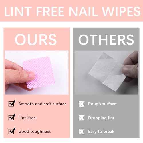 1500Pcs Lint Free Nail Wipes, Pink No Lint Nail Wipes for Gel Nails Lint Free Polish Remover Wipe Eyelash Extensions Glue Nails Cleaning Pads Supplies
