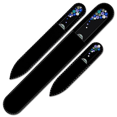 Set of 3 Glass Nail Files Hand Decorated with Crystals - in Black Velvet Sleeve - Genuine Czech Tempered Glass - Handmade Crystal Nail Files