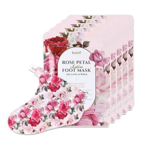PETITFEE Rose Petal Satin Foot Mask (5pairs) - Intensive Nourishing Socks, Rose Scented Foot Repair Masks with Peptide, Collagen, Shea Butter, Urea for Silky Smooth Feet, Foot Treatment, Body Mask